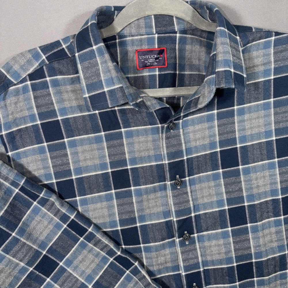 Untuckit Shirt Mens Large Blue Plaid Long Sleeve Casual Cotton Preppy Oxford